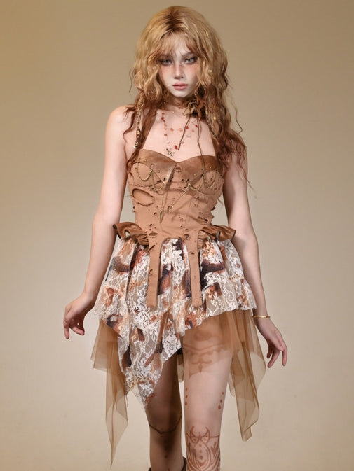 Holes Distressed Studs Chain Design Halter Dress Decorated Brown Wasteland Punk