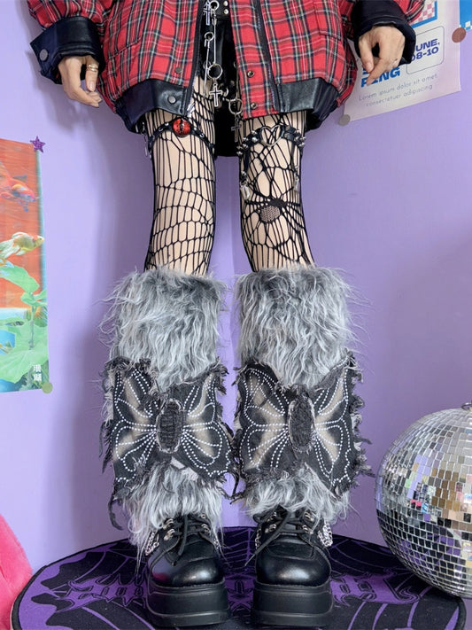 Grey Y2K Butterfly Applique 40CM Shaggy Leg Warmers