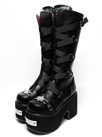 Black Crisscross Buckle Strap Platform Block Heel Boots