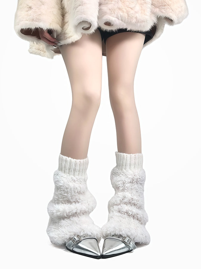 Jambières en peluche à poignets tricotés blanc cassé/gris/noir