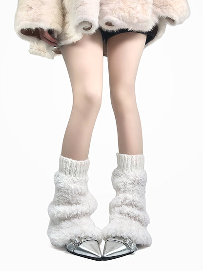 Jambières en peluche à poignets tricotés blanc cassé/gris/noir