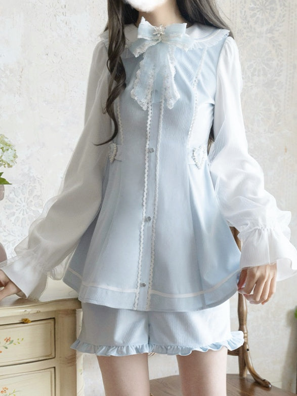 Blaues Minikleid mit Peter-Pan-Kragen + Rüschen-Set – leichte Shorts mit Jirai-Kei-Saum