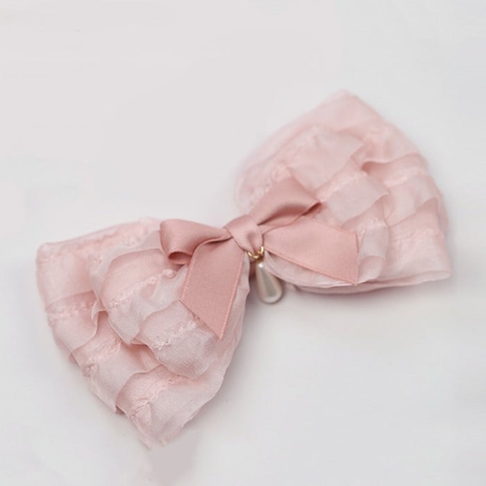 Hairclip Bow shaped Lolita Ruffled Charm with Pink Sweet Bead Droplet