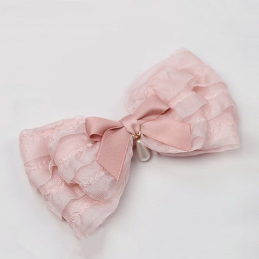 Hairclip Bow shaped Lolita Ruffled Charm with Pink Sweet Bead Droplet