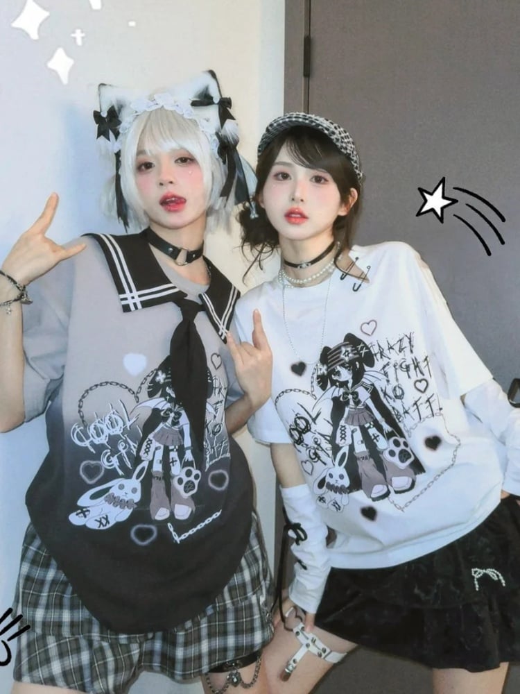 Lace-up with Neckline Detail Punk Girl Print Slit Gloves White Y2K T-Shirt