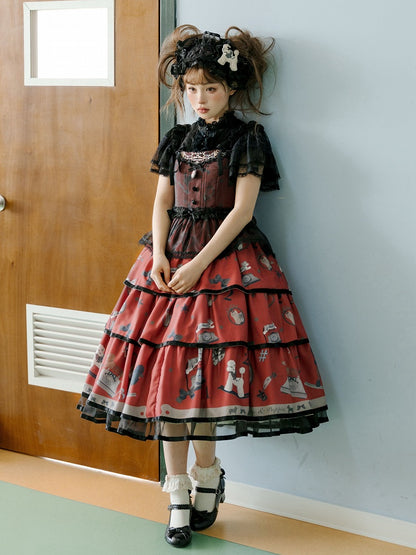 Puppy and Telephone Print Tiered Skirt Black and Red Sweet Lolita Jumper Skirt