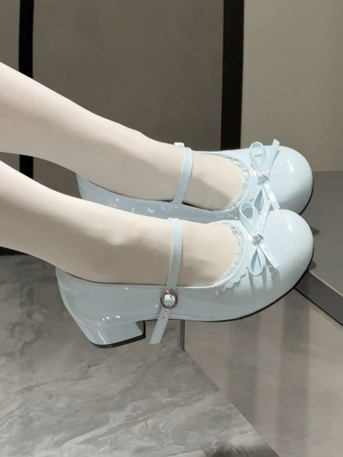 Low-heel Shoes Sweet at Top Blue Knotted Baby Bow Trim Lace