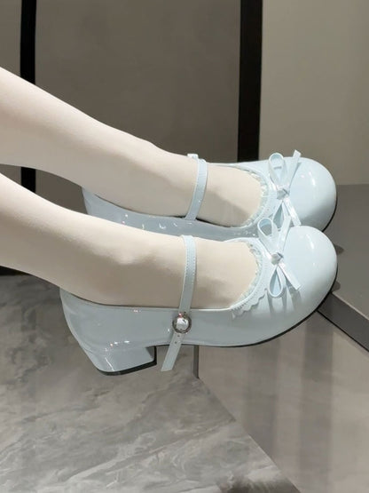 Low-heel Shoes Sweet at Top Blue Knotted Baby Bow Trim Lace