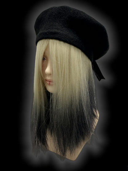 Y2K Black Lace-up Detail Studs Wool Beret