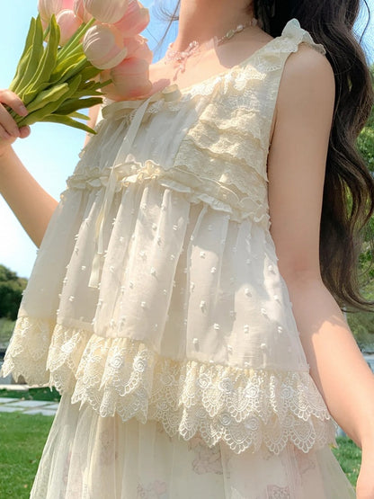 Self-tie Tank Top Bow Lace Trim Elegant with Beige Tiered