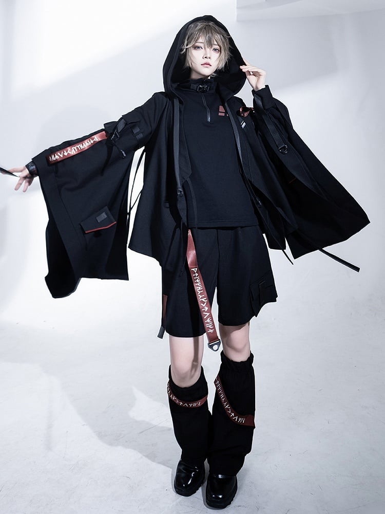 Buckle Hooded Lolita Techwear Ouji Strappy Jacket Black
