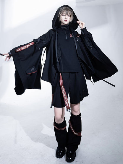 Buckle Hooded Lolita Techwear Ouji Strappy Jacket Black