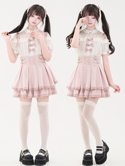 Bowknot Short Jirai Rhinestone Shirt Pleating Pink Details Sleeves Decorated Kei Heart
