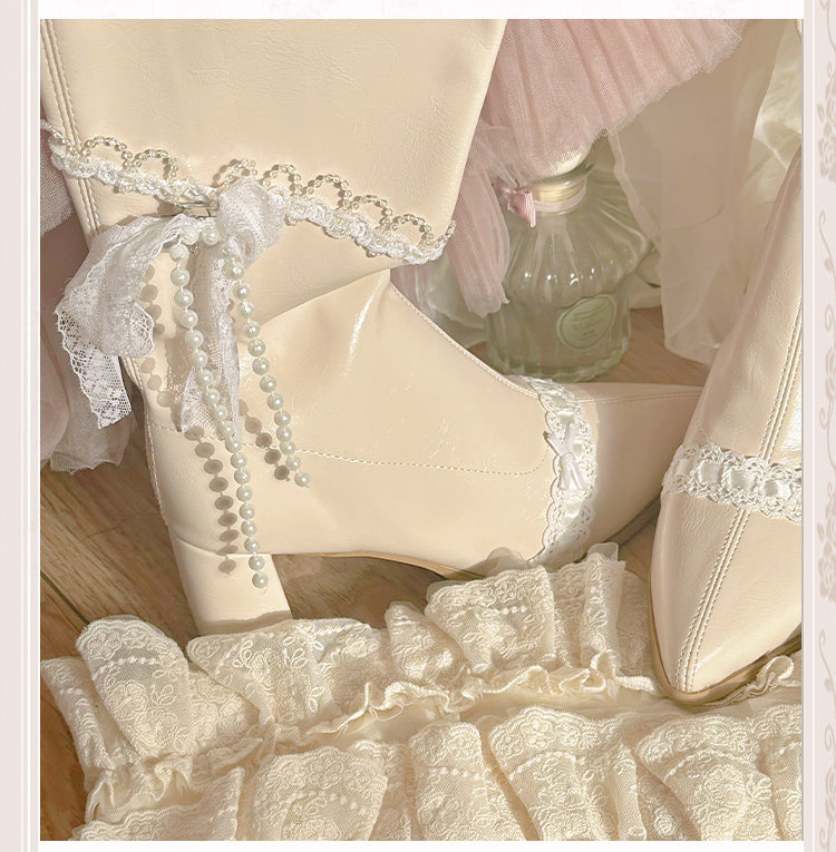 Beige Pointed Toe Laceand Beaded Chain Block Heel Knee-high Boots