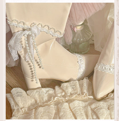 Beige Pointed Toe Laceand Beaded Chain Block Heel Knee-high Boots