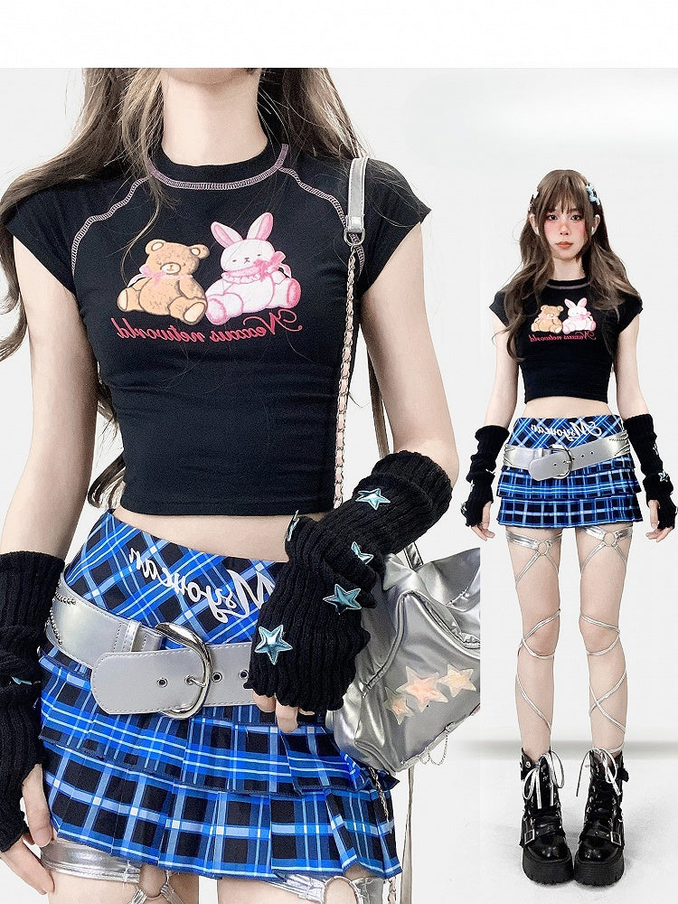 Black Print Letter And Y2K Bunny Bear T-shirt