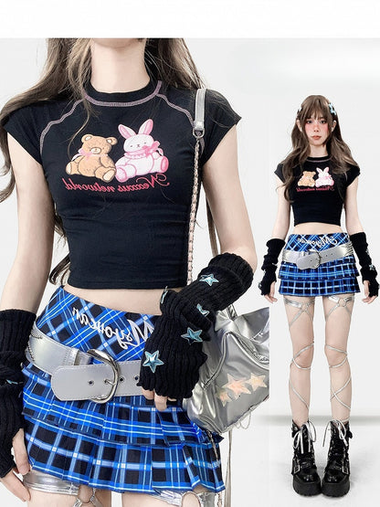 Black Print Letter And Y2K Bunny Bear T-shirt