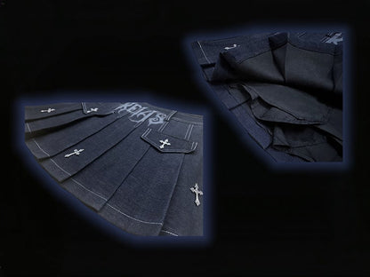 Y2K Dark Blue Letters Cross Charms Punk Rock Denim Pleated Skirt
