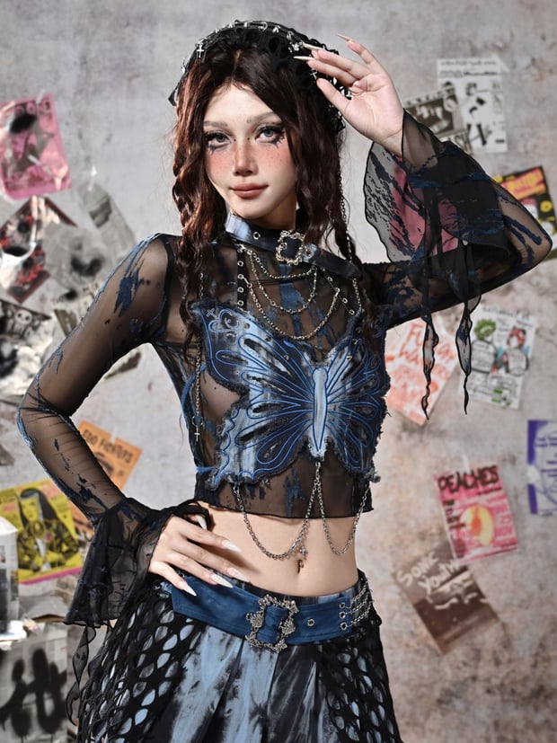 Grunge Punk Rock Fairycore Blue and Black Bell Sleeves Mesh Top