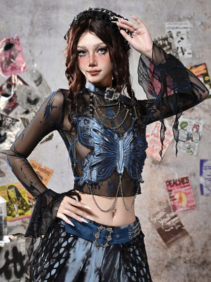 Grunge Punk Rock Fairycore Blue Tie Dye Butterfly Halter Neck Top Studs