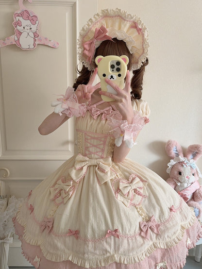 Gewellter Rand, Scool Lolita-Baumwolle, gelber Rock, Akzente, rosa Kleid und Schleife, alte Borte