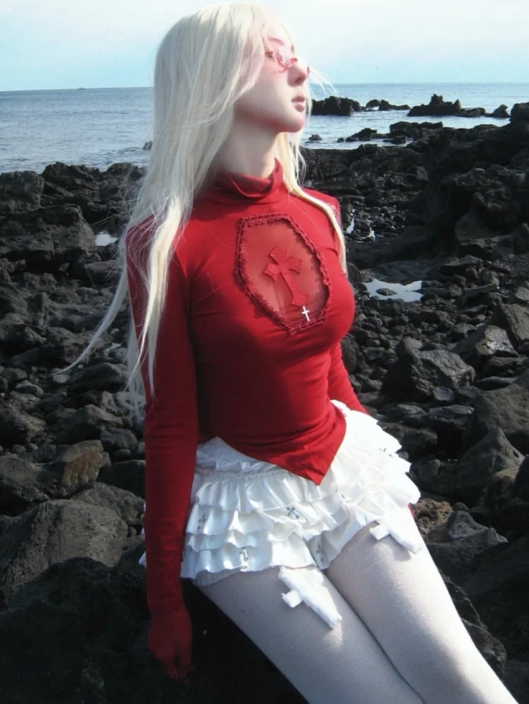 Gothic Red Coffin Cutout Cross Detail Modal High Neck Top Asymmetrical Hem