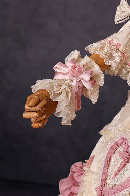 Beige Hanayome Rosette Embroidery Floral and Bead Chain Lolita OP Full Set