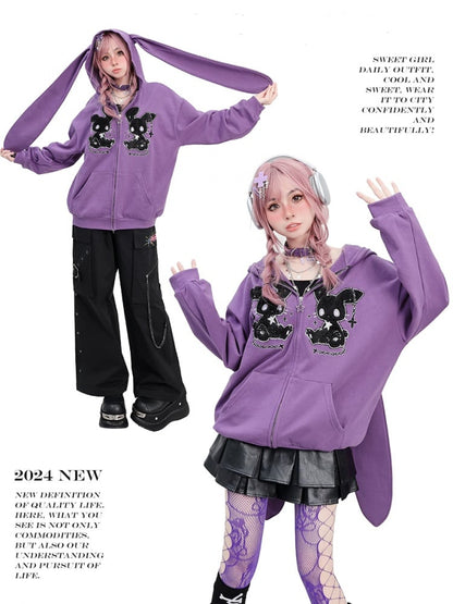 Punk Purple Oversized Bunny Ears Loose Zip Hoodie