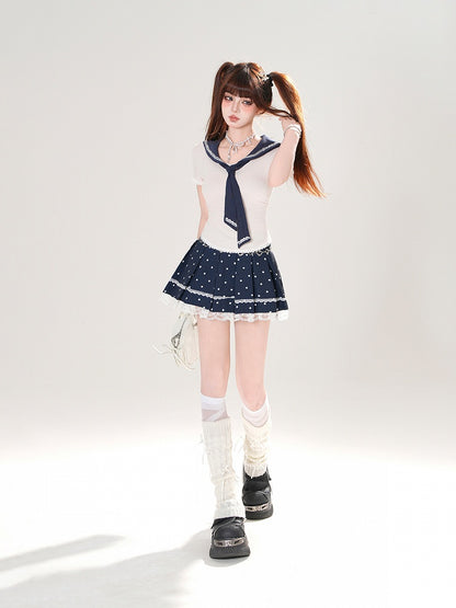 + T-Shirt-Set Plissee Matrosenmuster Polka Dot Abnehmbarer blauer Rock Marine Aprikose Eng anliegender Kragen