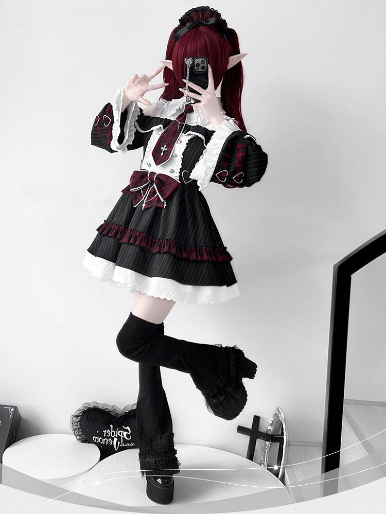 Dress Bell Plaid Tie Idol And Shoulder Cutout Lolita Black Bowknot Stripes Red With Sleeves