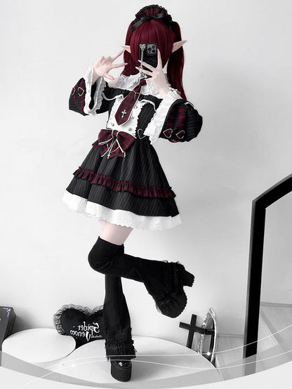 Dress Bell Plaid Tie Idol And Shoulder Cutout Lolita Black Bowknot Stripes Red With Sleeves