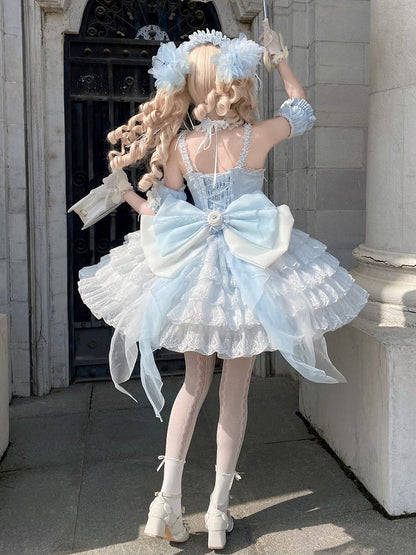 Prinzessin Neck Saum Rüschen Neckholder Balletcore Lolita Lagenkleid Blau mit