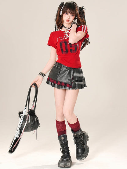 Applique T-shirt Core Plaid Red Detail Lace-up Pattern Trim Blokette Lace Number