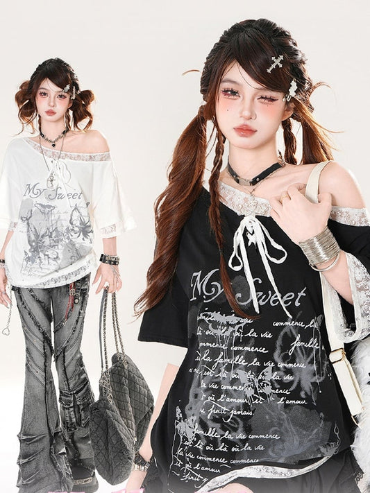 Loose Asymmetrical Neckline Lace Trim Butterfly Print Black/White T-shirt