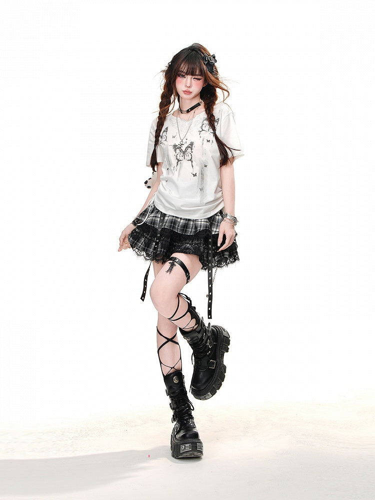 Drawstring Waist Butterfly Print White T-Shirt Butterfly Design Neckline