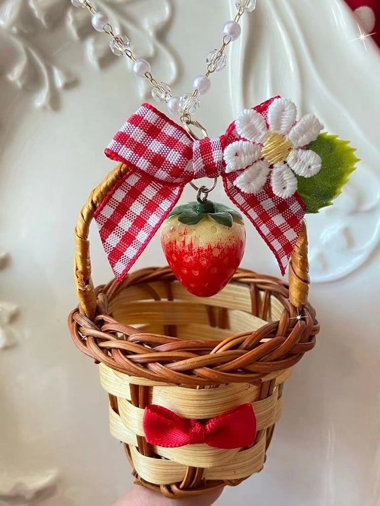 Pendant Details Floral Strawberry Decorated Necklace Red Bowknot Basket And Beaded