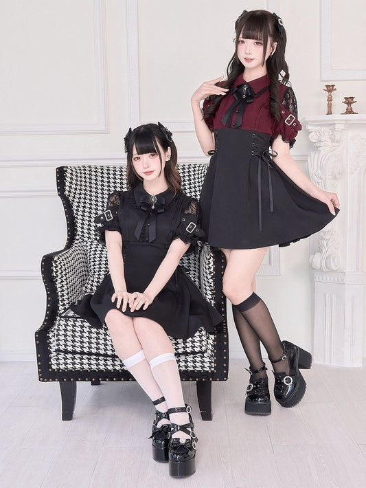 Jirai Kei – Rotes Kleid mit hoher Taille und Kunstschnürung, Schwarz/Schwarz, zweiteilig