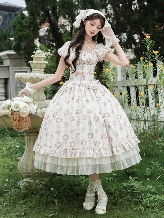 Lolita Elastic Version Set Full Classic Long Rosette Neckline Print Square OP