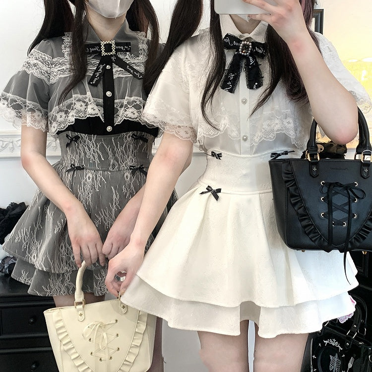 Jirai Kei Black/White/BlackWhite Lace Cape Design Short Sleeves Blouse