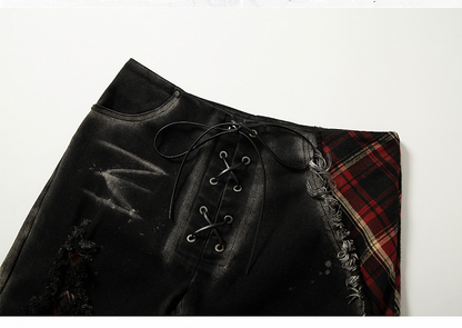 Black Split Cuffs Distressed Flared Jeans with Lace-up
