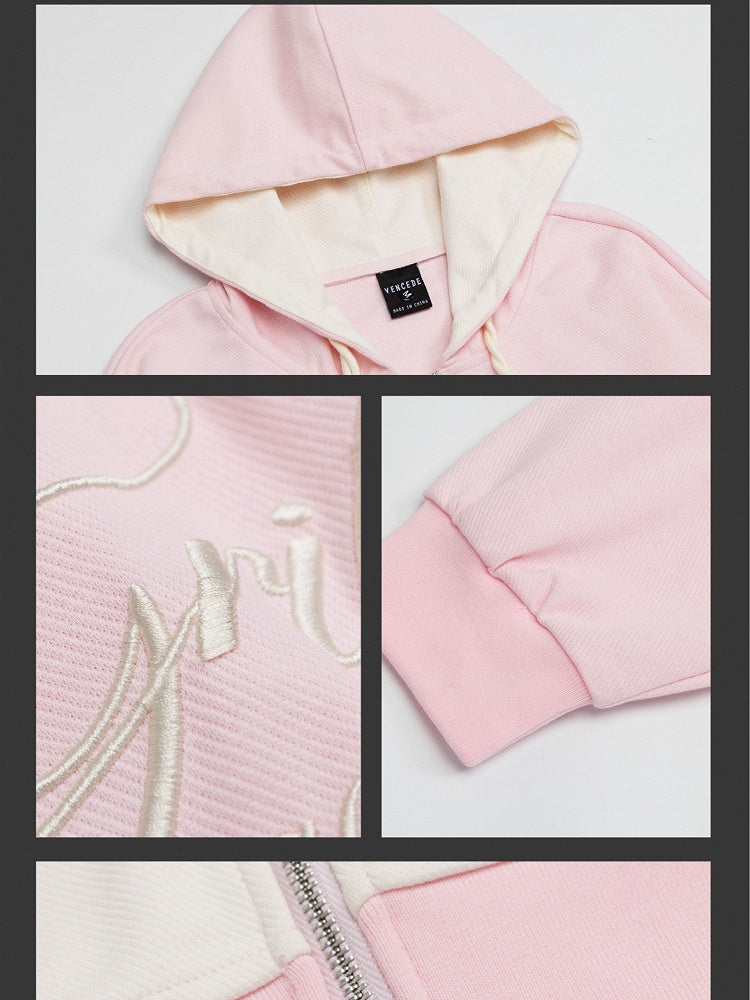 Black/Pink Letter Embroidery Colorblock Zip Hoodie