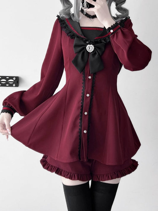 Kei Ears Jirai Red Set- Back Bow Design + Wine Mini Dress + Ruffle Hem Shorts Tie Sailor Collar Bunny