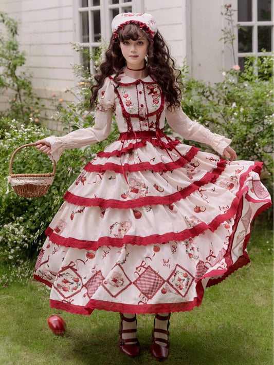 Red Apples Print Tiered Hem Cottagecore Lolita Skirt