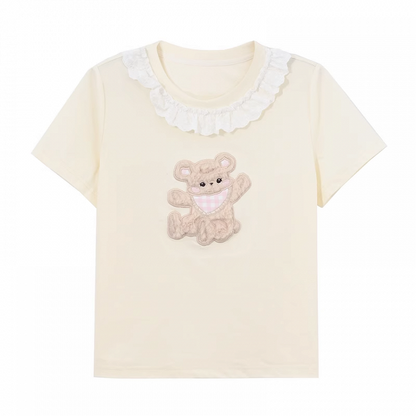 Plush Bear Applique Apricot Lace Trim Neckline T-shirt