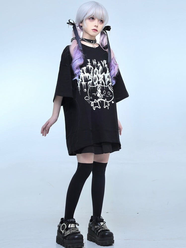 Jirai T-shirt Brief Katze Druck Schwarz Kei Und