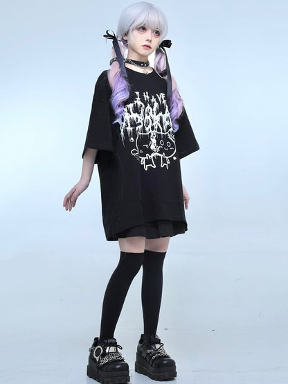Jirai T-shirt Brief Katze Druck Schwarz Kei Und