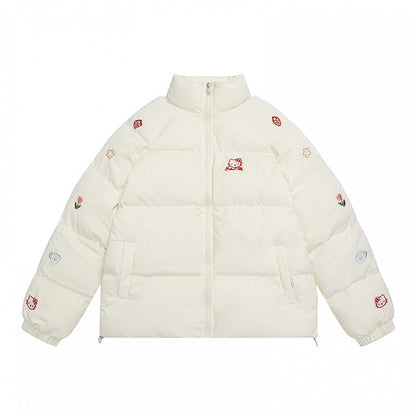 White/Pink Kitties Embroidery High Neck Puffer Jacket