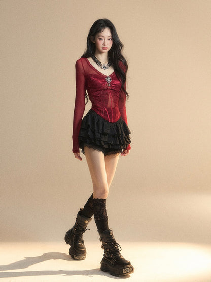Red V-neck Top Rhinestone Embellished Glamorous Butterfly Embroidery