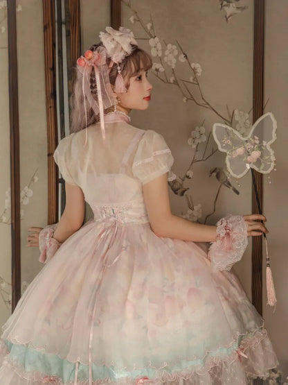 Robe Lolita rose à taille basque, imprimé pêche et fleurs de pêcher JSK