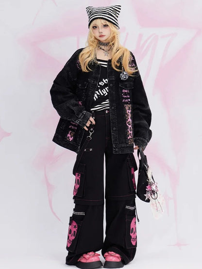 Faded Wash Black Letters Print Leopard Patches Denim Jacket